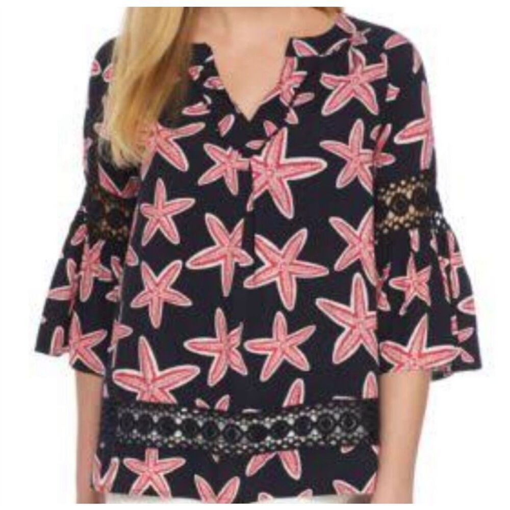 Crown‎ & Ivy Starfish 3/4 sleeve crochet insert blouse Petite Medium